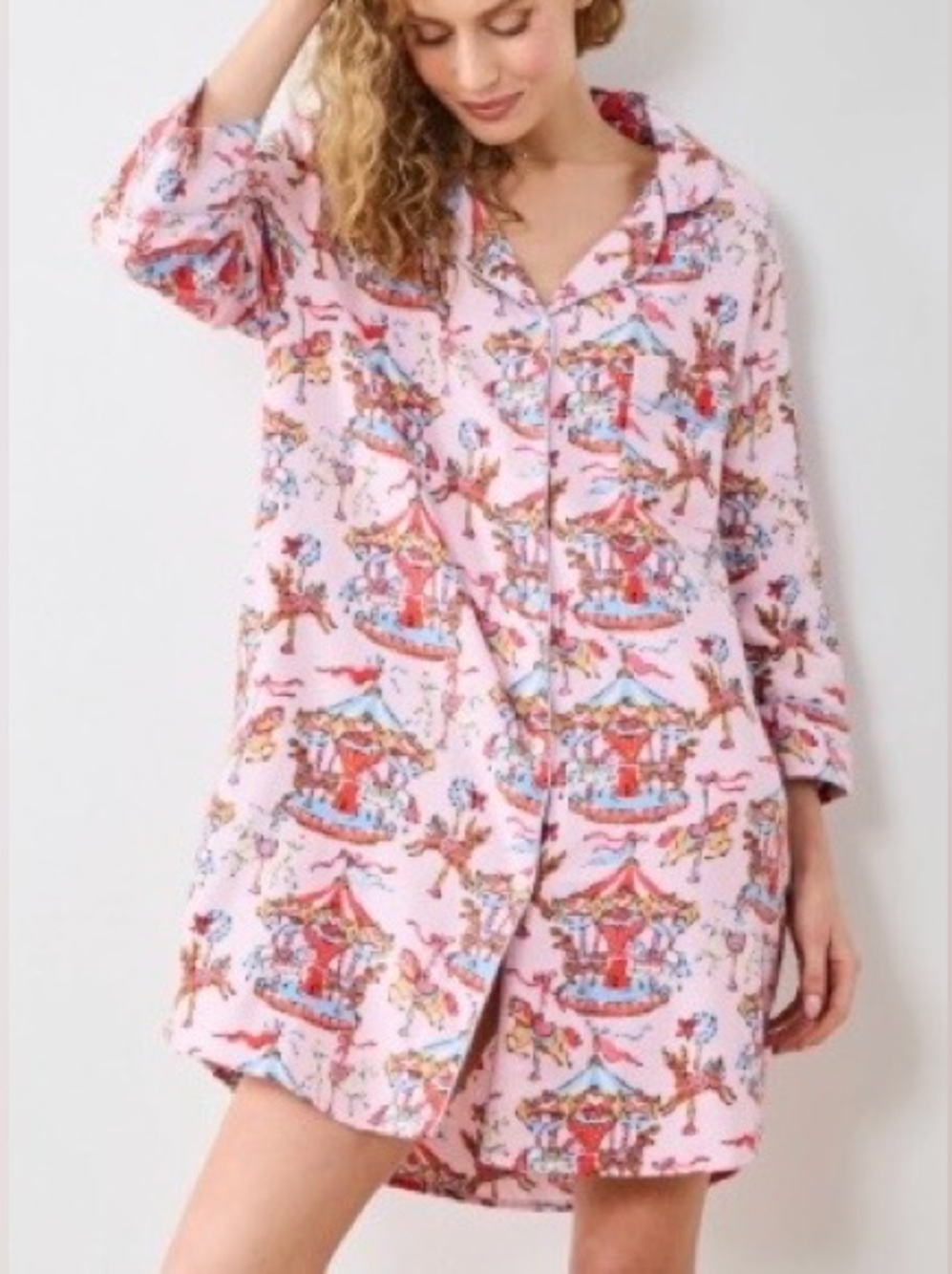Printfresh x Kathy Hilton Christmas Carousel Flannel Sleep Shirt Pink Garland S - Picture 5 of 5